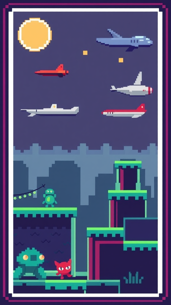A colorful retro video game scene featuring pixelated characters and flying vehicles.