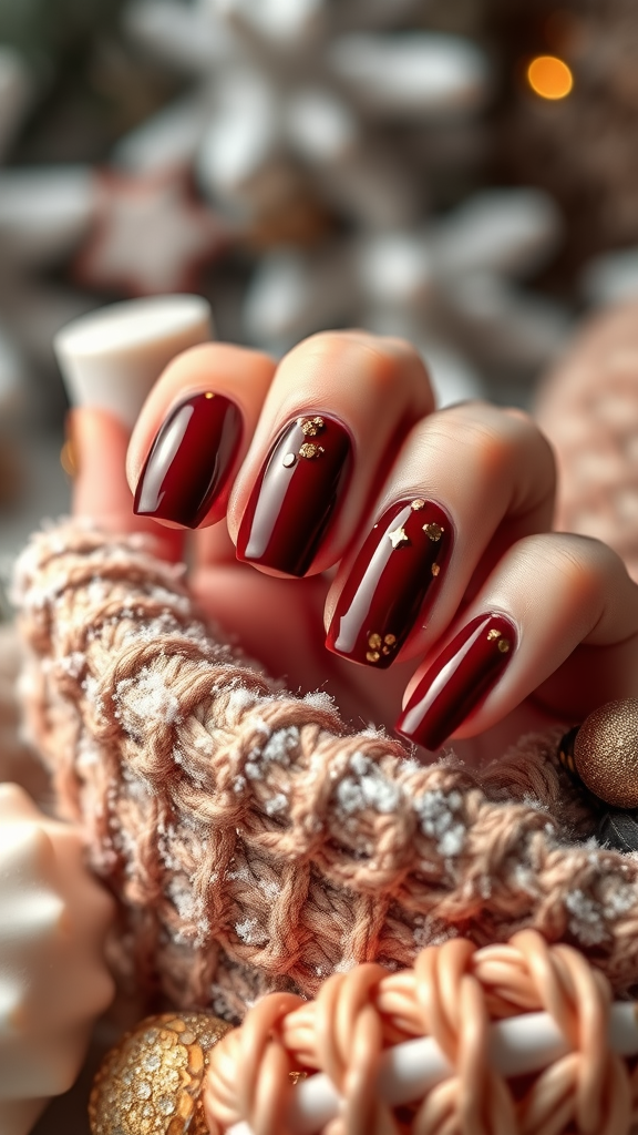 Nail art featuring rich chocolate color with gold dust accents on a cozy knitted background.