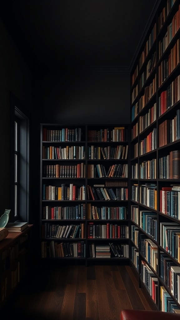 A moody library with dark wood shelving and richly colored walls, filled with books.
