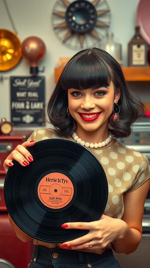 A woman with rockabilly bangs holding a vinyl record, showcasing a retro style.