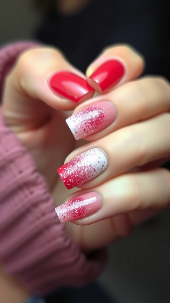 Nail design featuring glitter fade in red and pink shades