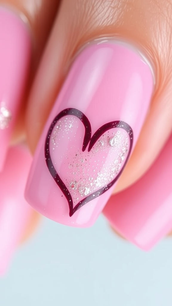 Nail art featuring a pink base with a heart design and glitter.