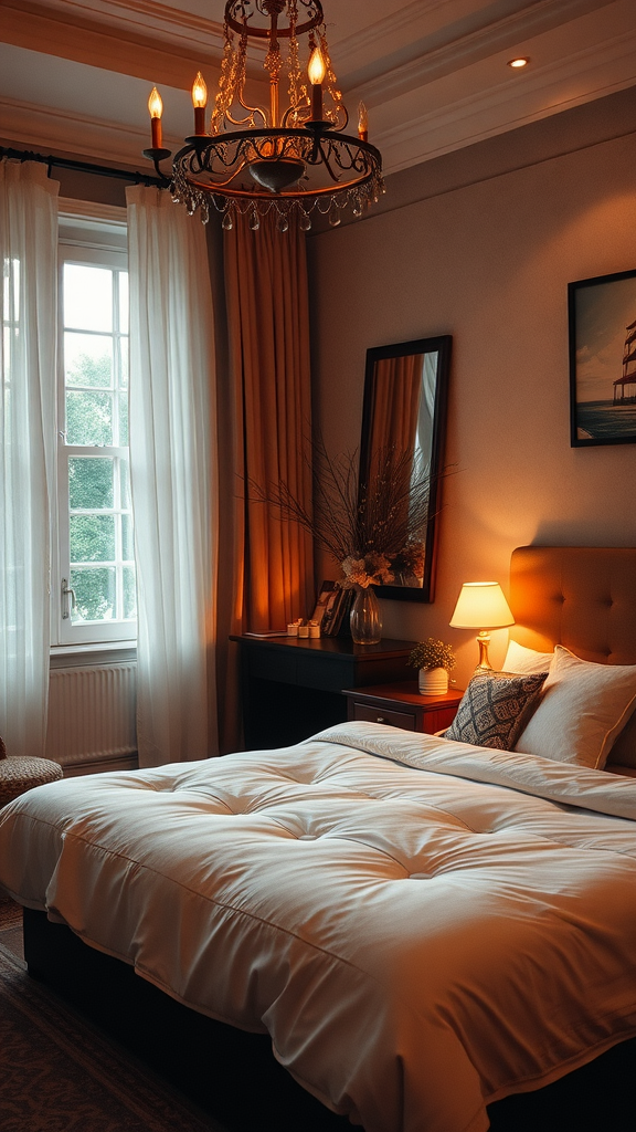 A cozy and elegantly lit bedroom featuring a chandelier, bedside lamp, and warm curtains.