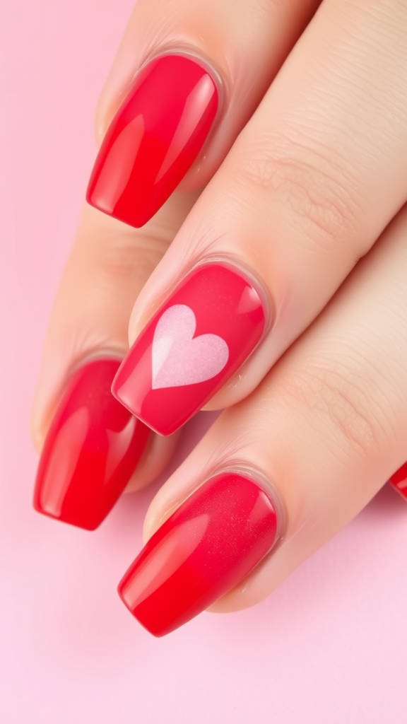 Stylish red ombré nails with a heart design