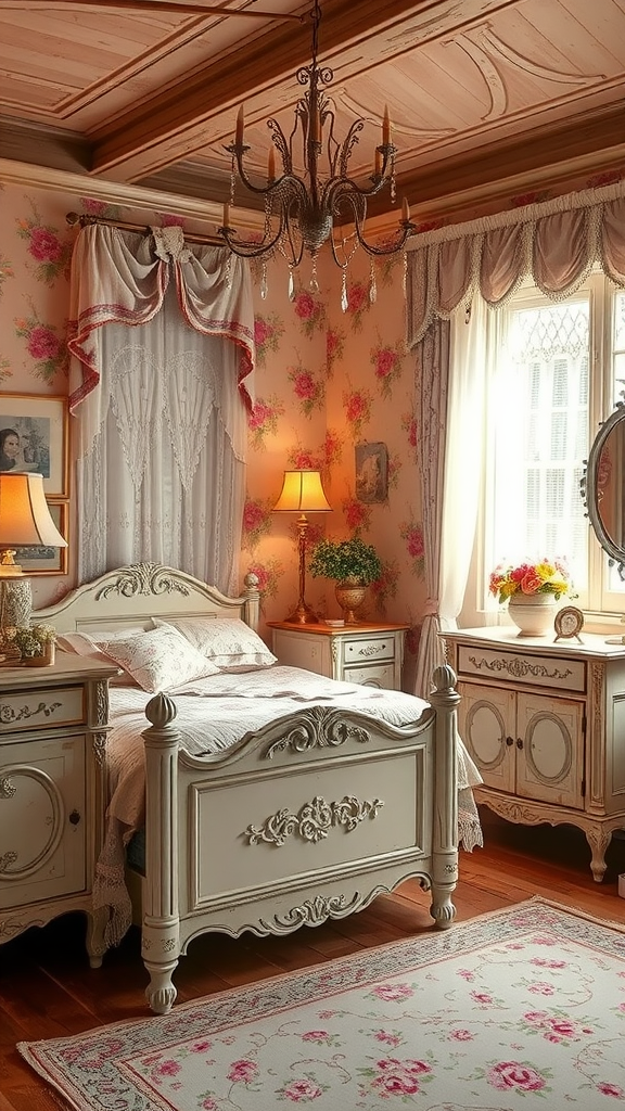A Romantic Shabby Chic bedroom featuring floral wallpaper, ornate furniture, and soft lighting.