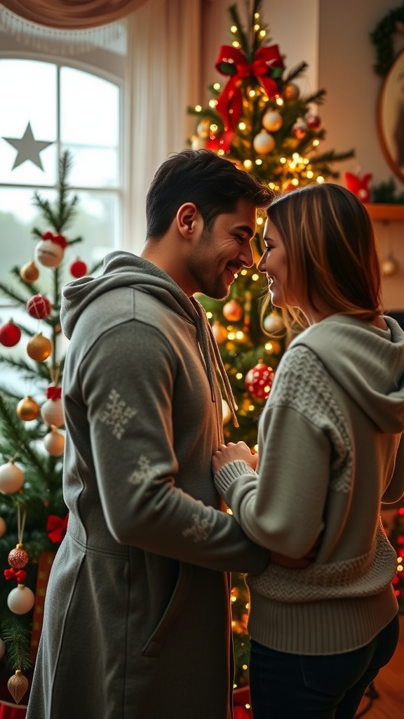 A couple smiling at each other in front of a decorated Christmas tree.