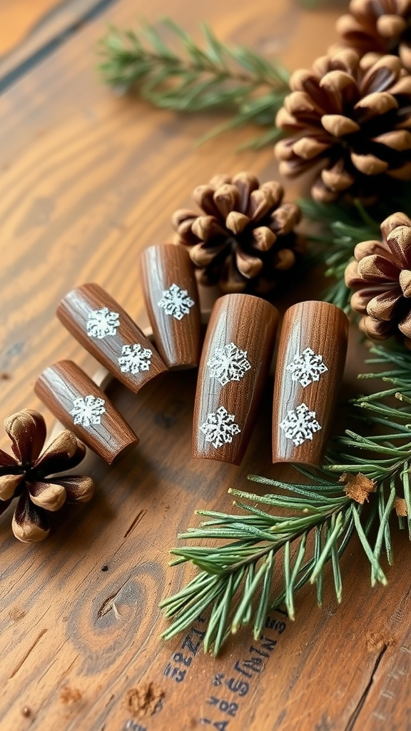 Rustic brown nails with white flakes next to pine cones and green pine branches on a wooden surface.