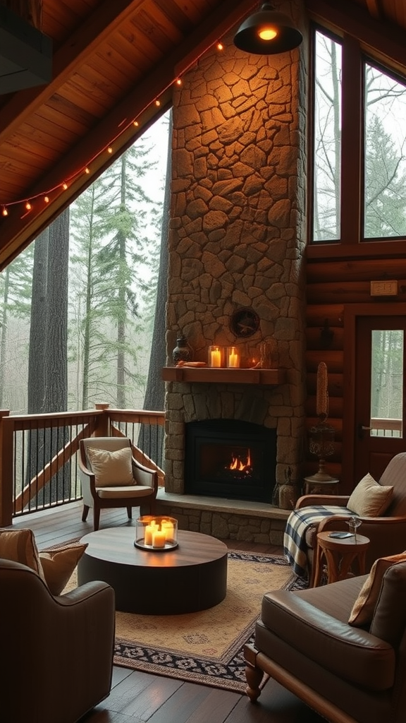 Cozy interior of a rustic cabin with stone fireplace and wooden decor.