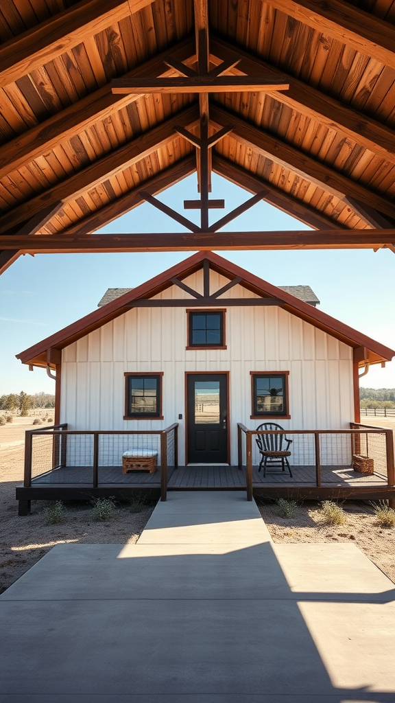 Exterior view of a ranch house with a wooden porch and large beams.