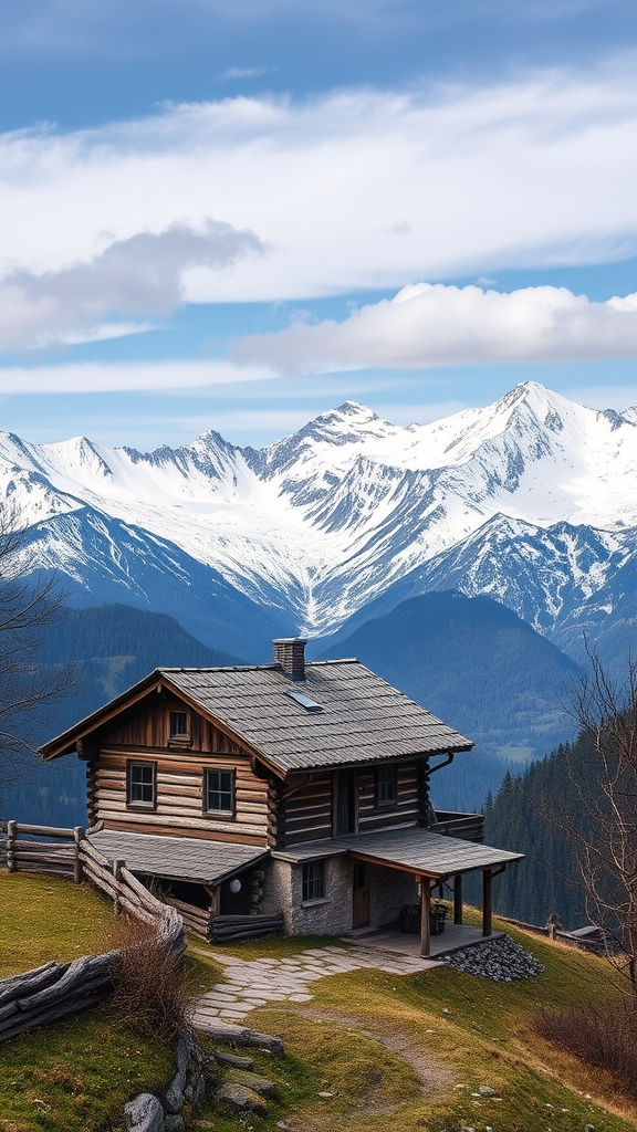 A rustic cottage with a stone path and wooden fence, surrounded by mountains and a clear blue sky.
