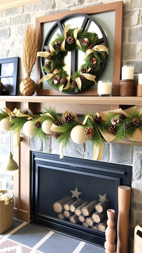 A rustic fireplace adorned with a wreath, pinecones, and decorative items.