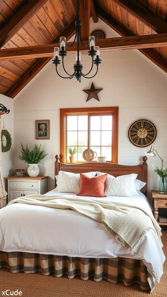 A rustic farmhouse bedroom featuring a wooden ceiling, cozy bed with colorful pillows, and vintage decor.