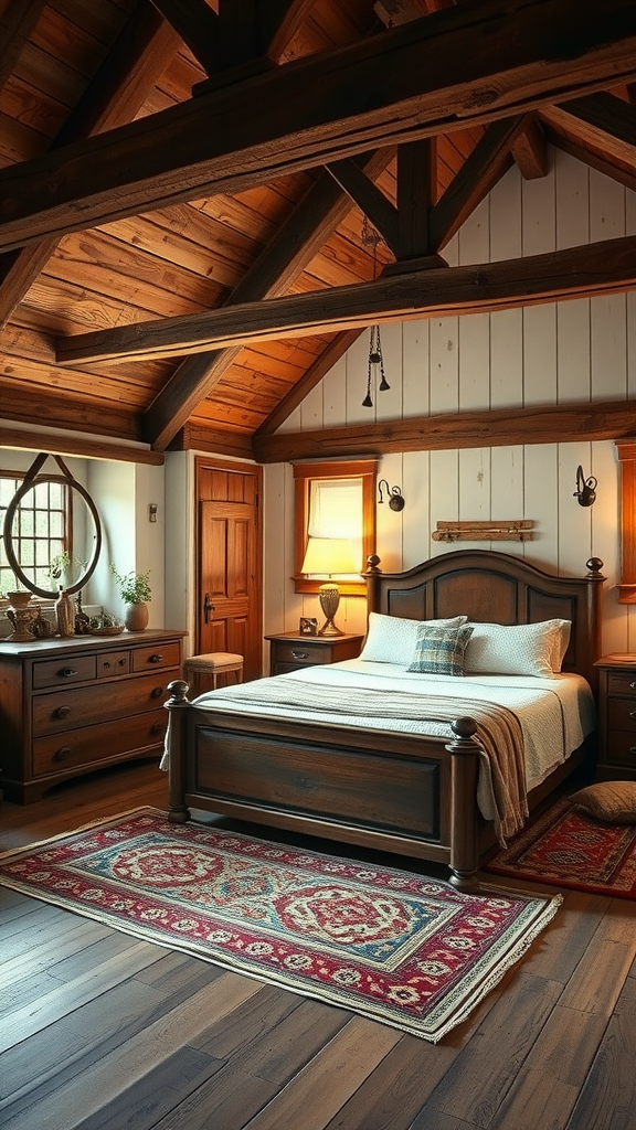 Rustic farmhouse style bedroom with wooden beams, a wooden bed, and warm lighting.