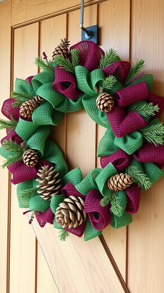 A rustic holiday wreath in green and burgundy featuring pine cones and greenery, hanging on a wooden door.