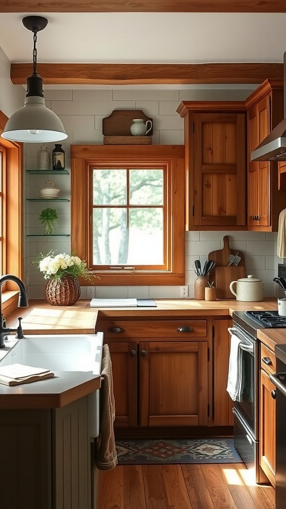 A cozy rustic kitchen featuring wooden cabinets, a farmhouse sink, and natural light from a window.