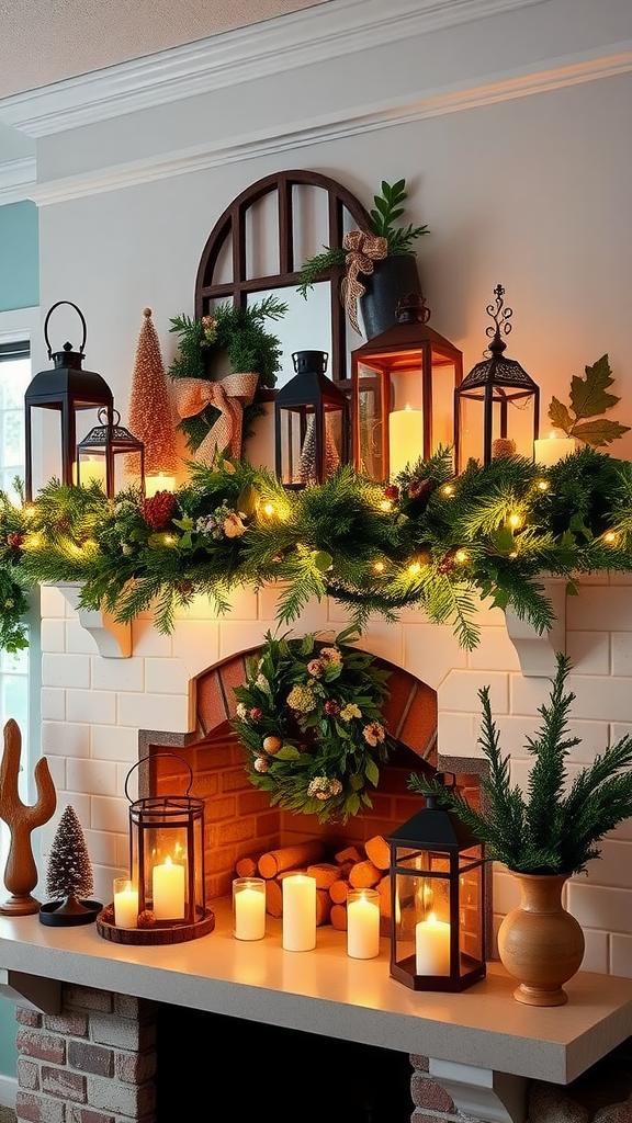 A beautifully decorated mantel with rustic lanterns, candles, and greenery.