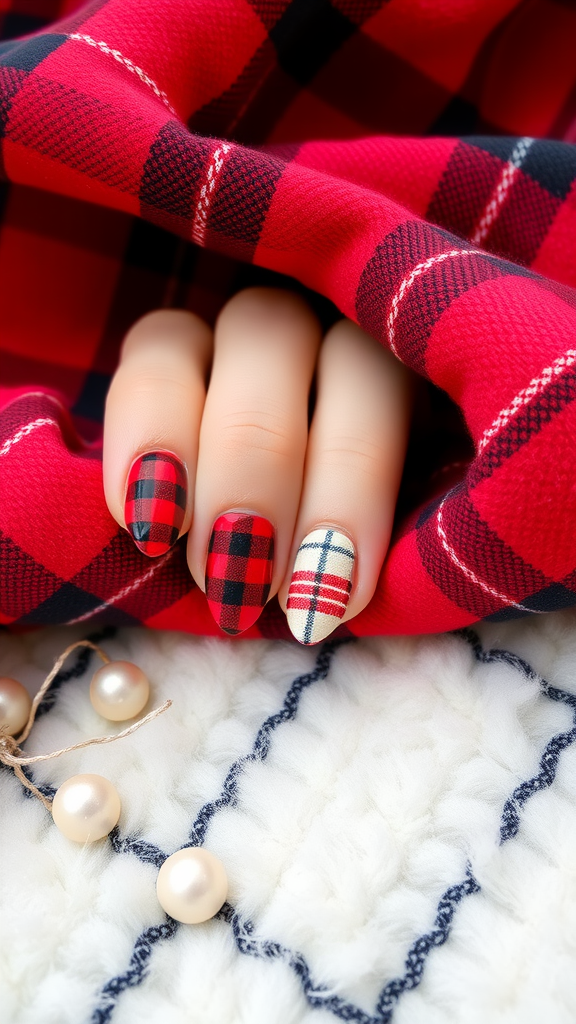 Close-up of a hand with flannel-patterned nails resting on red flannel fabric.