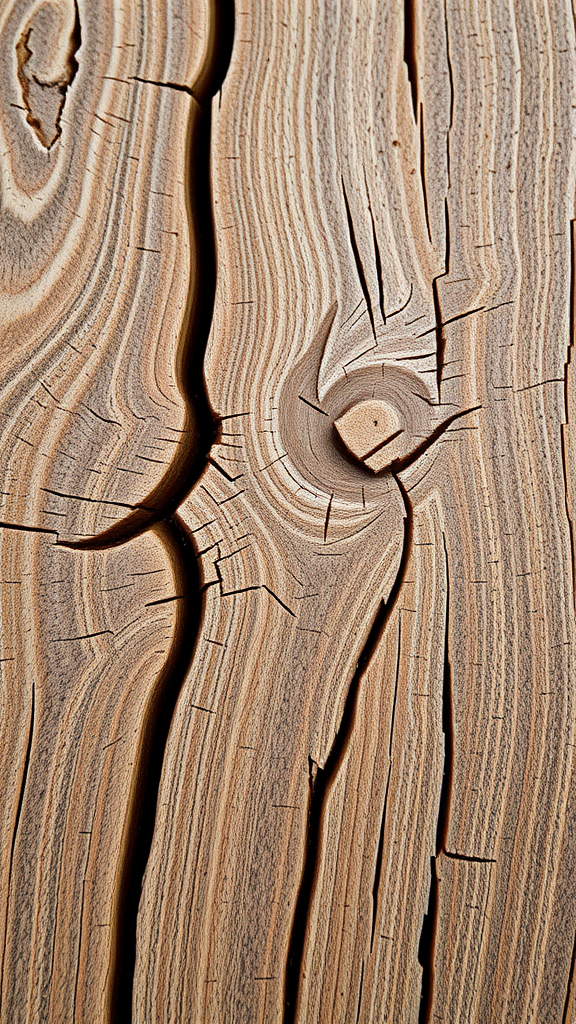 Close-up of weathered wood with visible grain patterns and cracks.