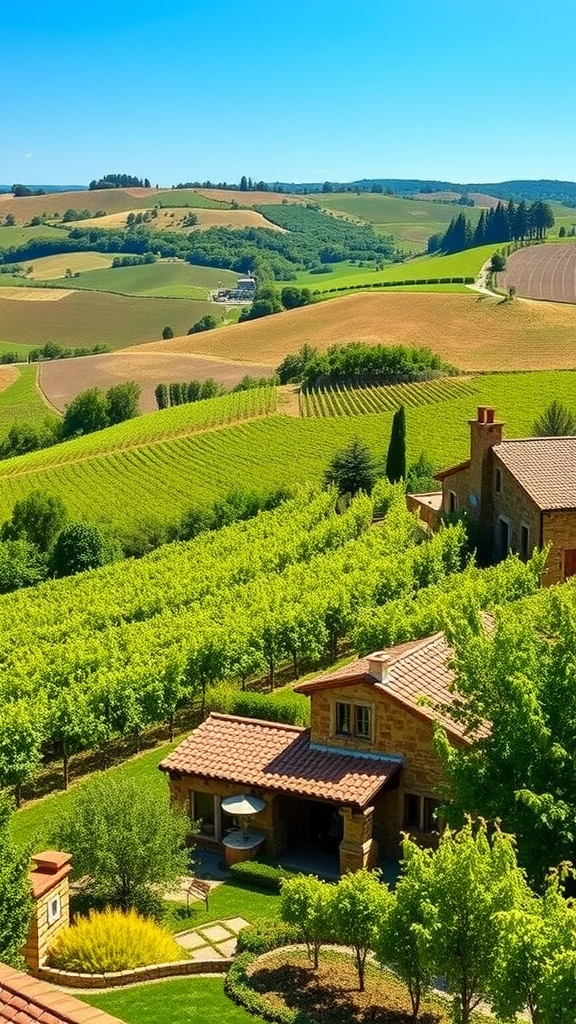 A beautiful rustic vineyard estate with lush green grapevines and rolling hills in the background.