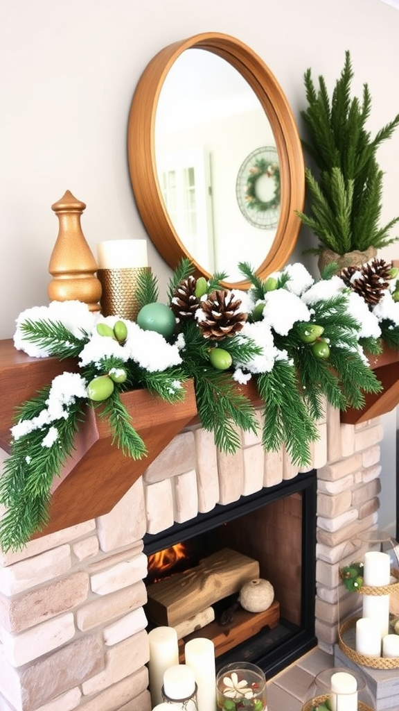 A beautifully decorated fireplace with a rustic wooden mantel, adorned with pinecones, greenery, and candles, creating a cozy winter atmosphere.