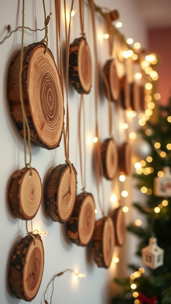 Rustic wood slice ornaments hanging on a wall with fairy lights