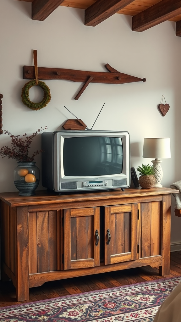 Rustic wooden TV console with a vintage television and decorative items
