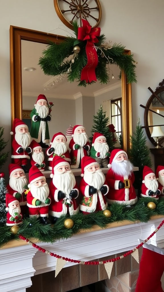 A display of various Santa Claus figurines on a mantel, decorated for the holidays.