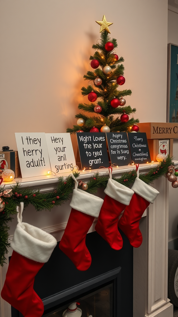 A festive Christmas scene with a small decorated tree and humorous misspelled holiday signs.