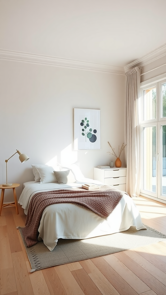 A bright and minimalist Scandinavian-inspired bedroom with a large window, soft bedding, and a cozy throw.