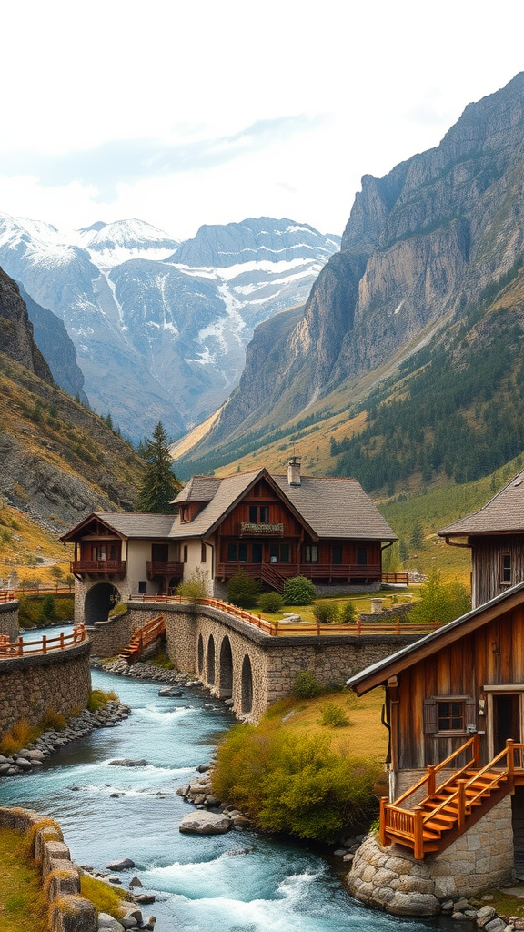 Scenic view of valley homes with mountains in the background and a river running through.