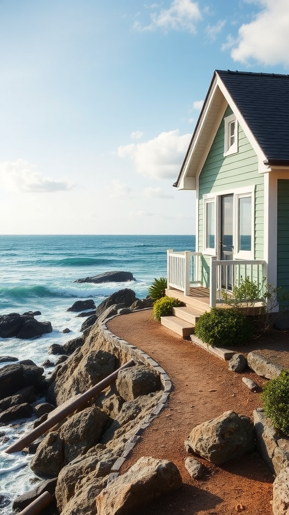 A seaside bungalow near rocky shore with ocean waves in the background.