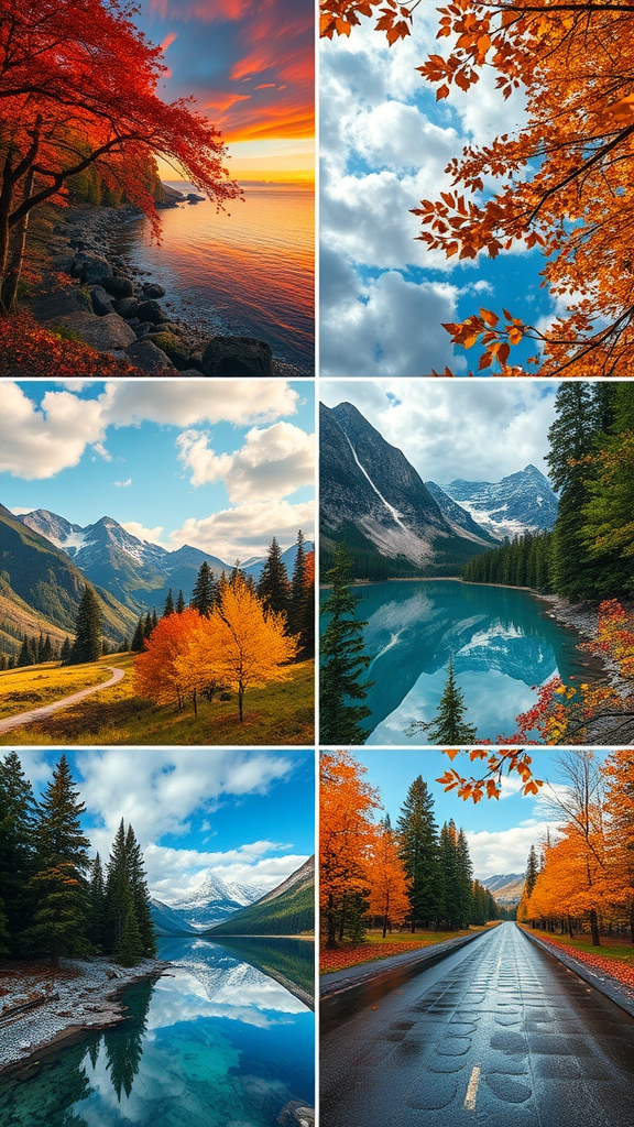 A collage of autumn landscapes featuring colorful trees, mountains, lakes, and a winding road.