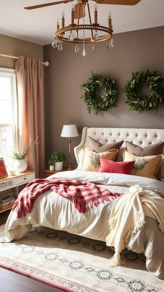 A cozy bedroom with a neutral color scheme, featuring wreaths on the wall, layered blankets on the bed, and warm lighting.