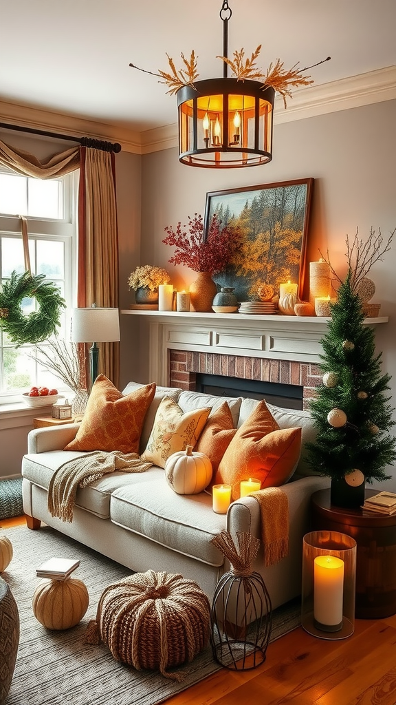 Cozy living room decorated for the season with pumpkins, candles, and warm-toned accents.