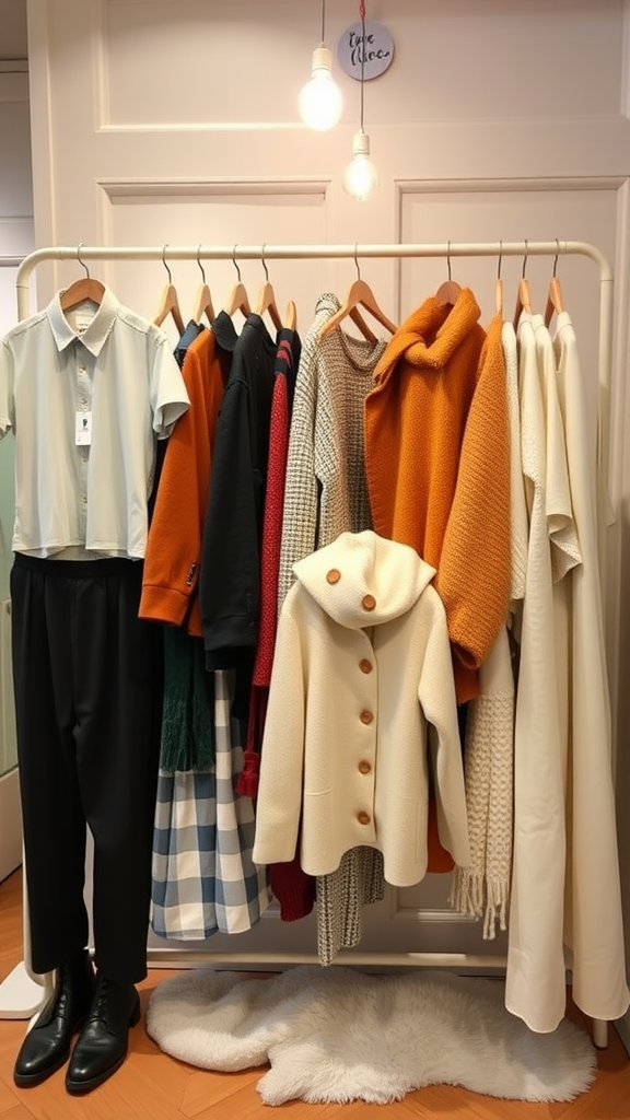 A display of seasonal fashion clothing, including sweaters, shirts, and a white coat, hanging on a rack.