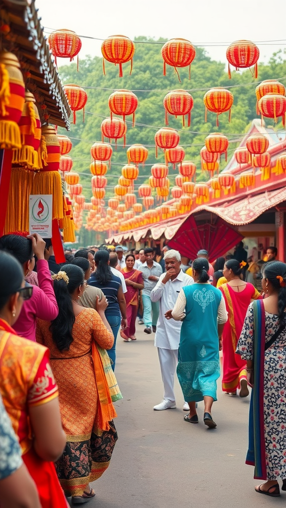 A lively festival scene with colorful lanterns hanging overhead and people in traditional attire celebrating.