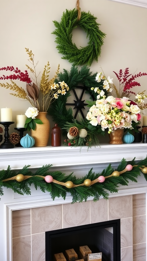 A beautifully decorated mantel with seasonal floral arrangements, including wreaths, candles, and ornaments.