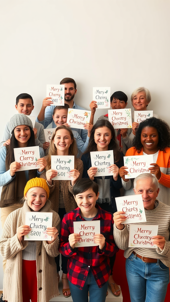 A diverse group of people holding festive signs with cheerful holiday greetings