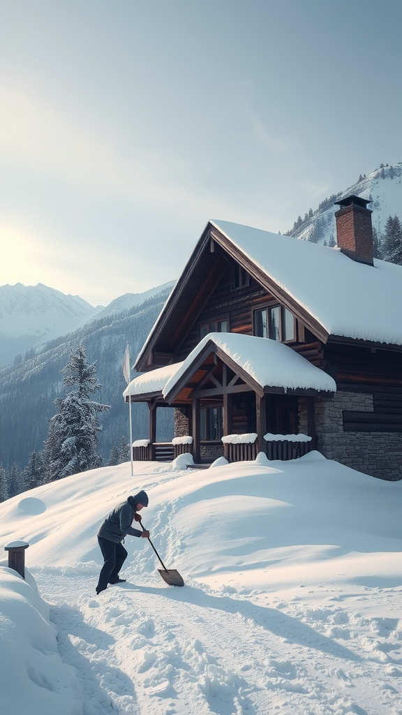 A person shoveling snow outside a cozy mountain home in winter.