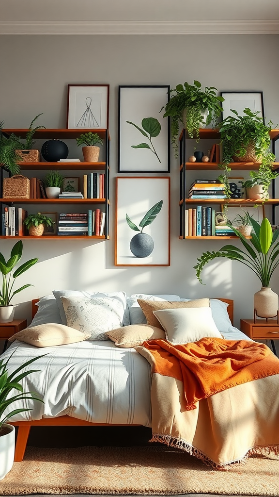 A cozy bedroom with a bed, decorative pillows, and shelves filled with plants and books.