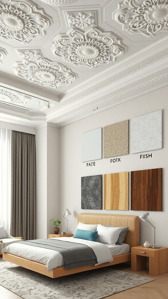 A stylish bedroom with an ornate ceiling and different material samples displayed on the wall.