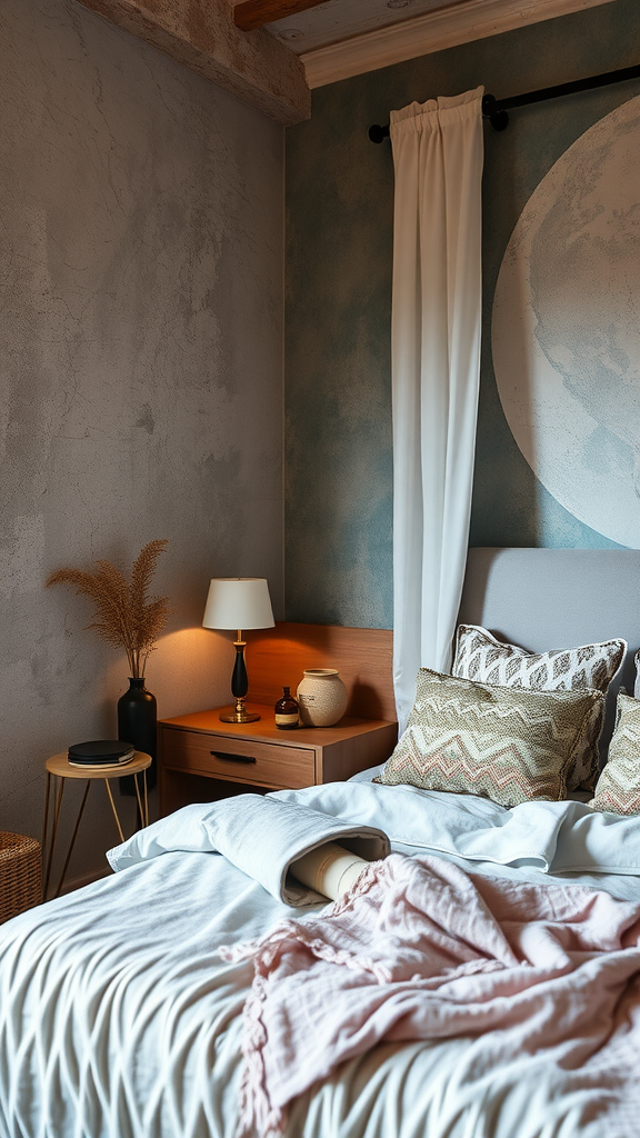 Cozy bedroom with soft bedding, calming colors, and warm lighting