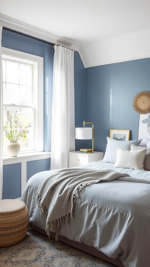 A serene bedroom with blue walls and soft gray bedding, featuring natural light, white curtains, and decorative elements.