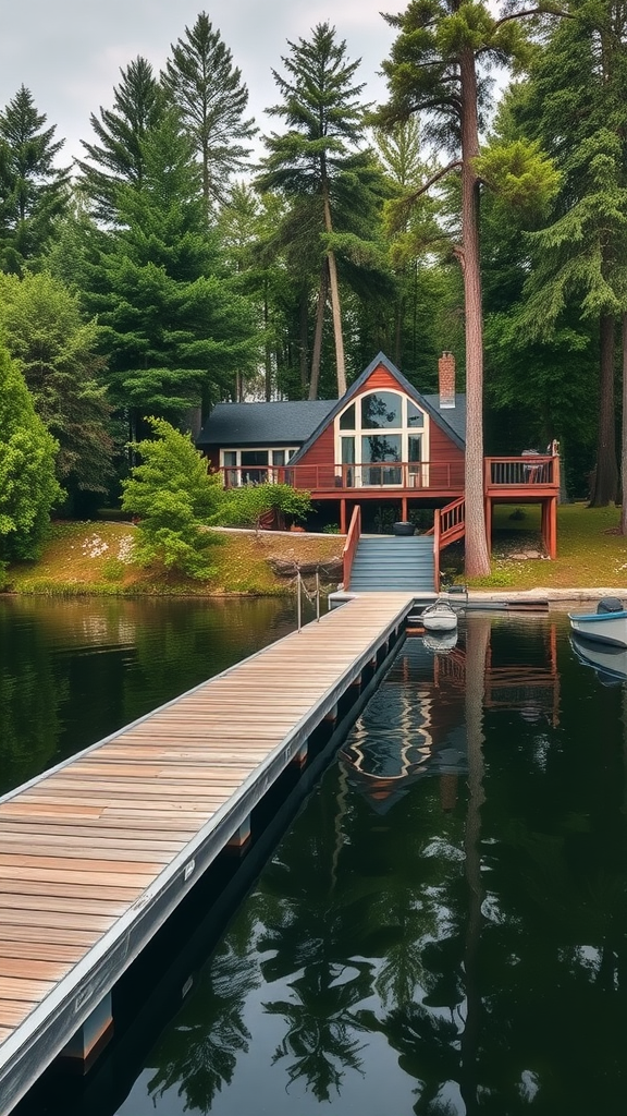 A picturesque lakeside cabin with a wooden dock and surrounded by green trees.