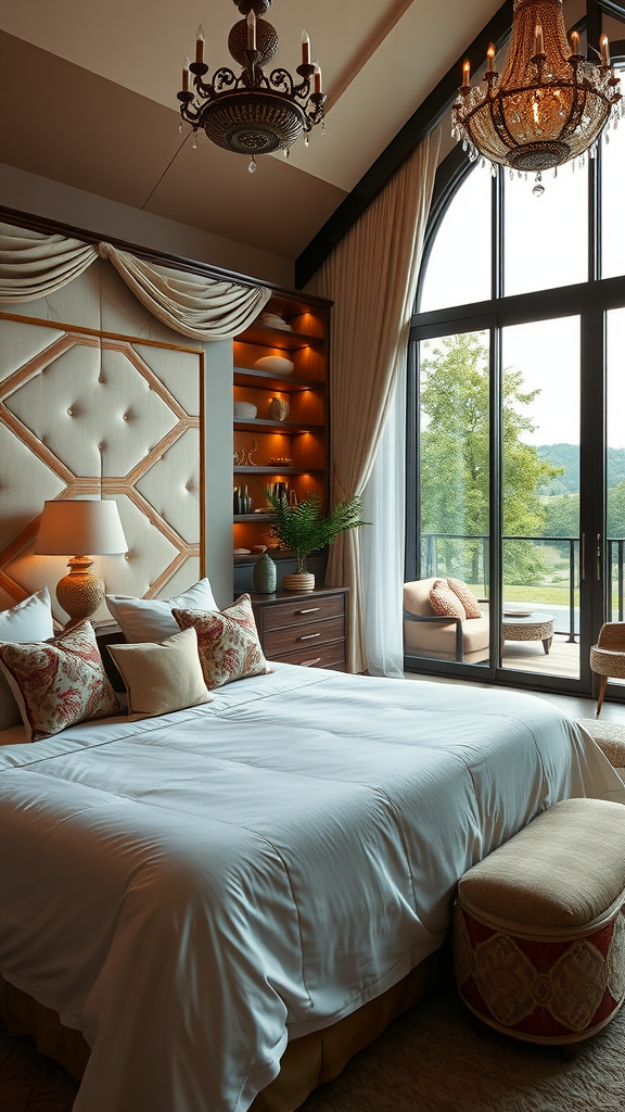 A beautifully decorated master bedroom with a large window overlooking greenery.