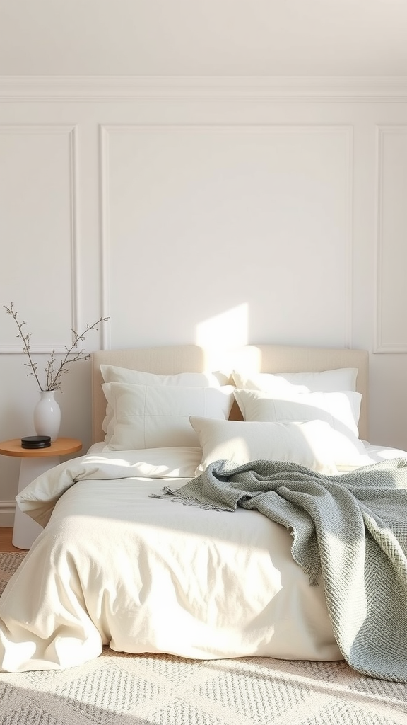 Cozy bedroom with a neutral palette featuring a bed with white and soft green bedding, a small side table, and a natural branch in a vase.