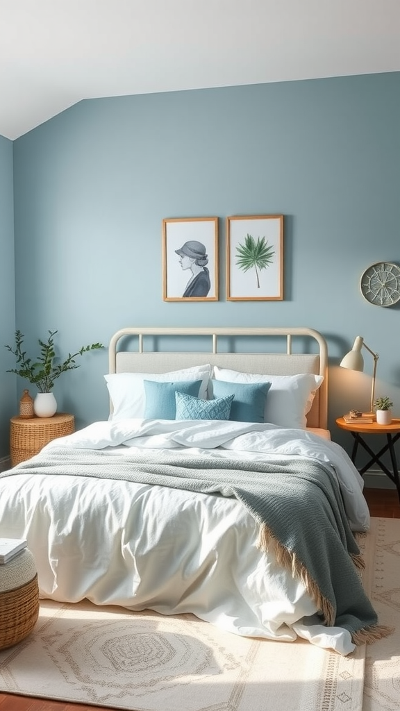 A serene bedroom with soft blue walls, cozy bedding, and decorative art.