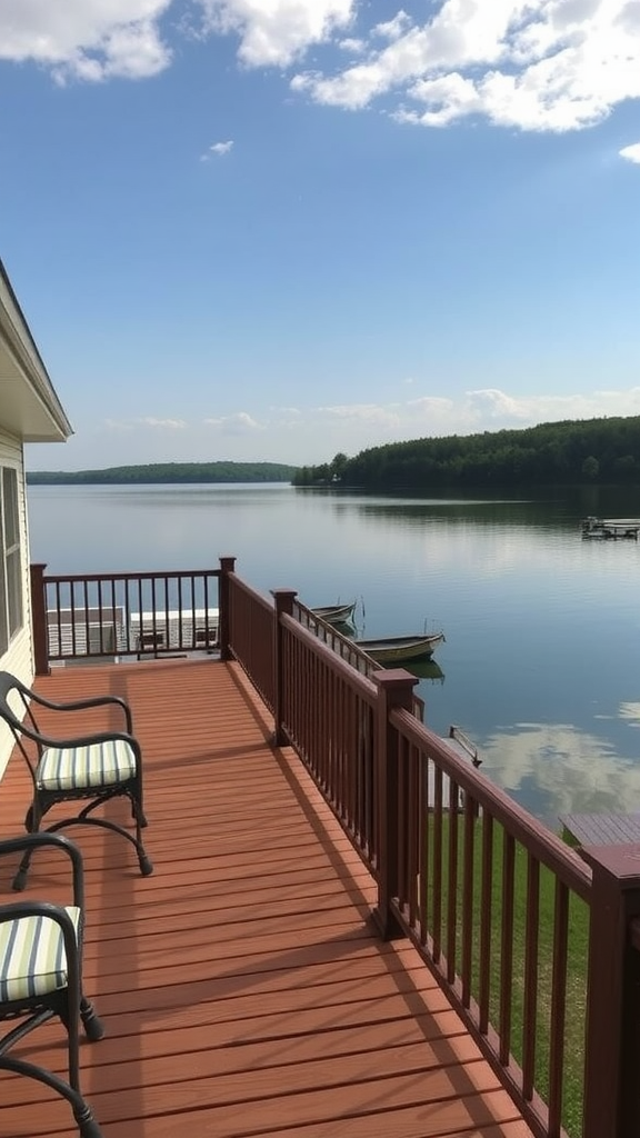 A serene waterfront view from a deck overlooking a calm lake with boats.