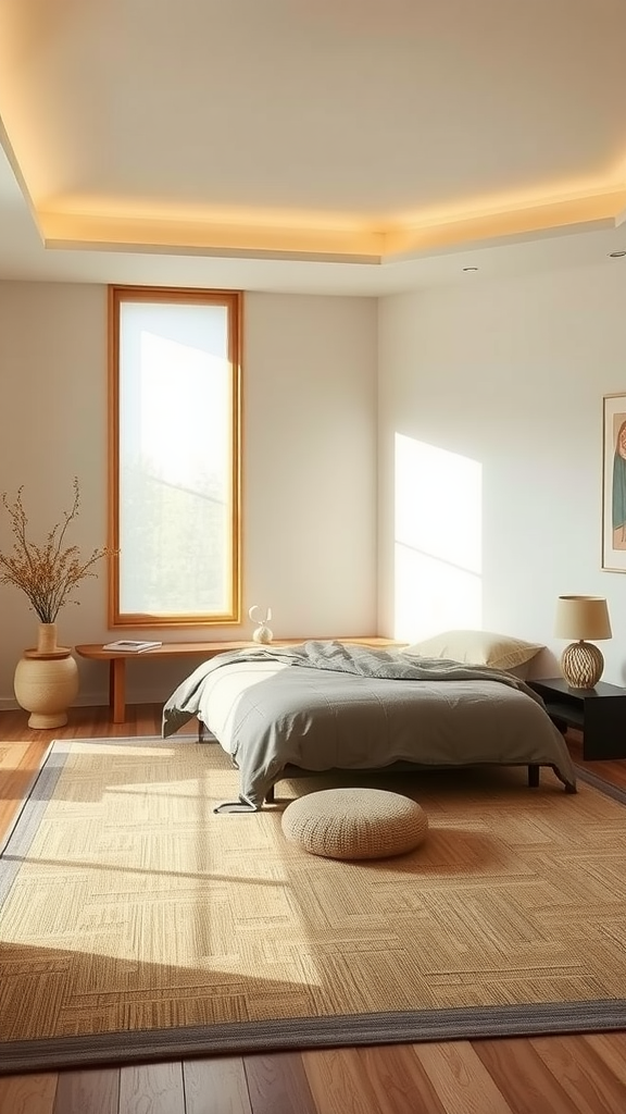 A serene zen-inspired bedroom with natural light, minimalistic design, and warm wooden accents.