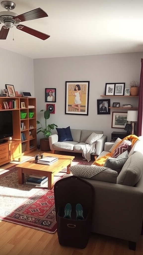 A cozy living room featuring a sofa, coffee table, shelves with art and books, and a warm atmosphere